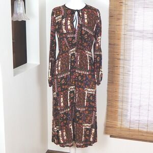 Zara Trafaluc Boho Patchwork‎ Midi Dress Sz Medium Velvet Trim Festival Floral